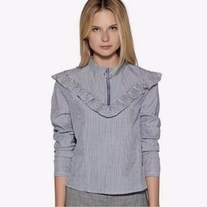 Avec Les Filles Ringo Pinstripe Ruffle Bib Blouse Medium Victorian Eduardian
